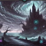DALL·E 2024-08-22 02.23.48 - A fantasy-themed website background inspired by 'The Unwilling Demon Lord_ A Quest for Normalcy.' The scene includes a dark, brooding castle perched o